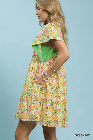 Umgee Mix Floral Tiered Mini Dress with Side Pockets - Glamourous Grace