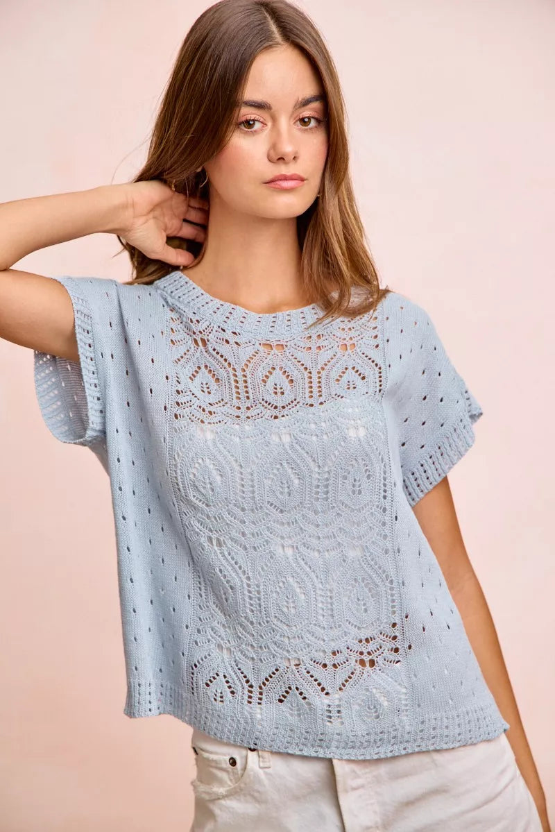 BiBi Washed Eyelet Short Sleeve Breathable Knit Top - Glamourous Grace