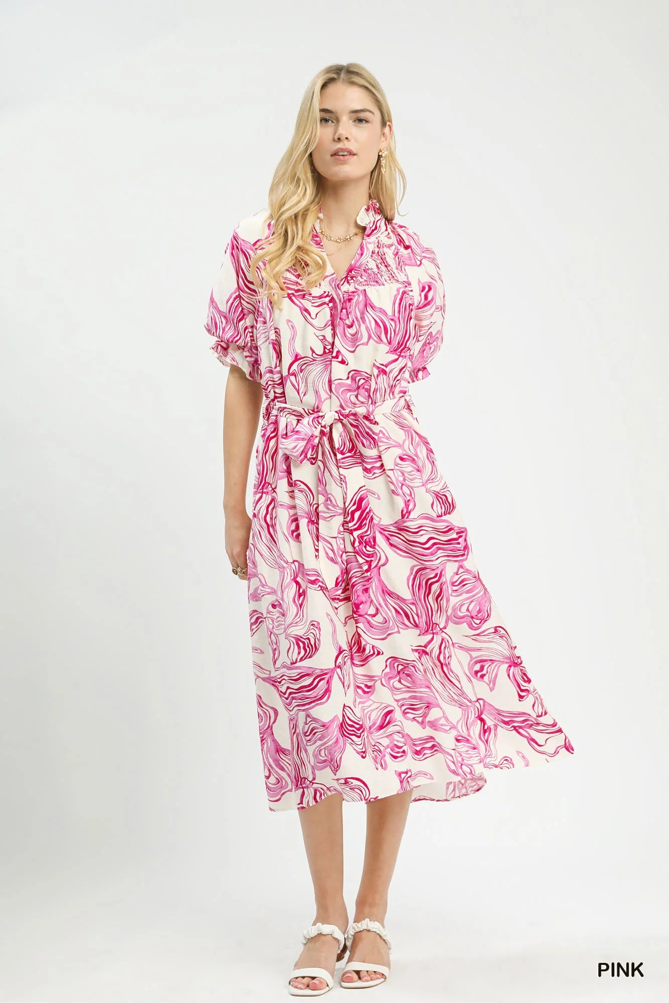 Umgee Abstract Print Smocked Tie Waist Midi Dress - Glamourous Grace