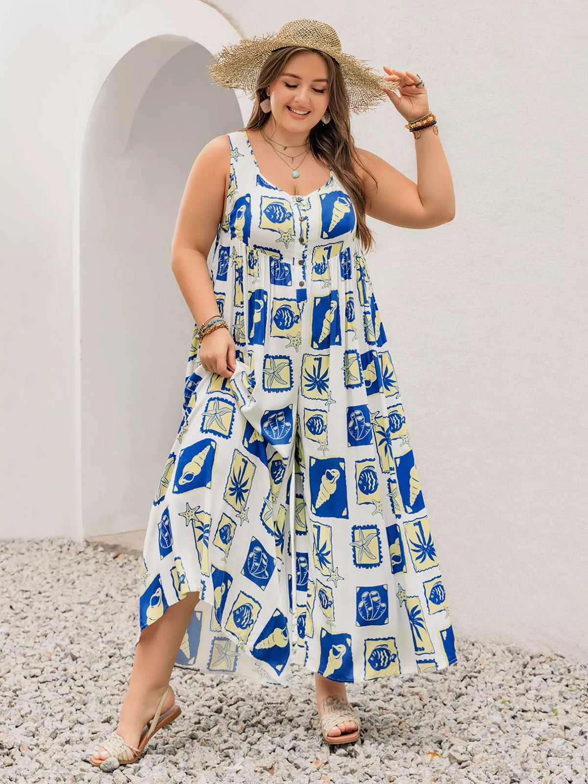 Plus Size Nautical Print Sleeveless Jumpsuit - Glamourous Grace
