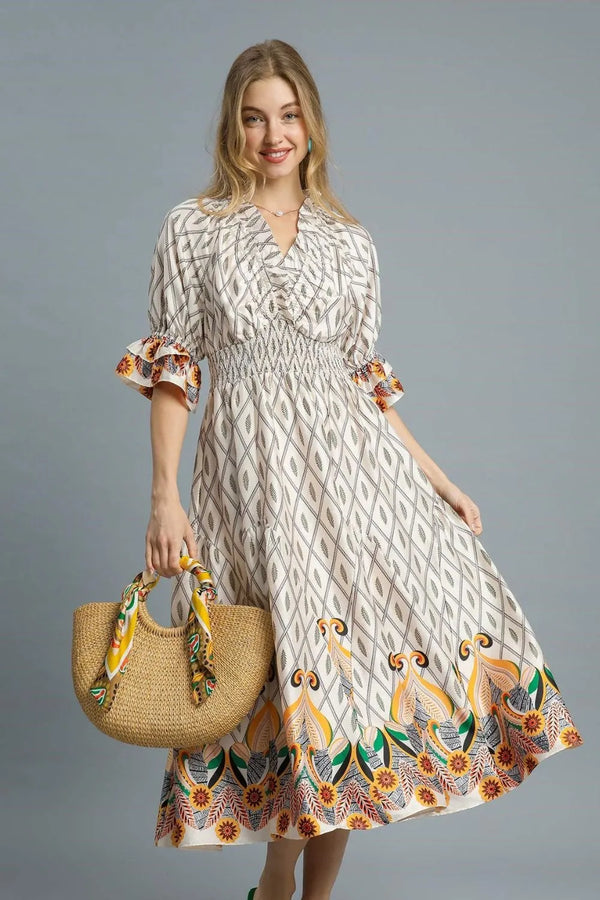 Umgee Printed Smocked Waist Flounce Sleeve Midi Dress - Glamourous Grace