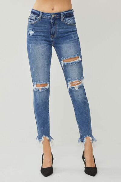 RISEN Destroyed Raw Frayed Hem Blue Denim Skinny Jeans