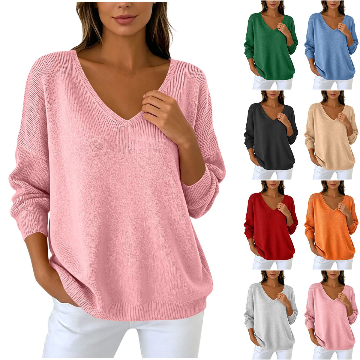 Women's V-Neck Long Sleeve Knit Sweater, Loose Drop Shoulder