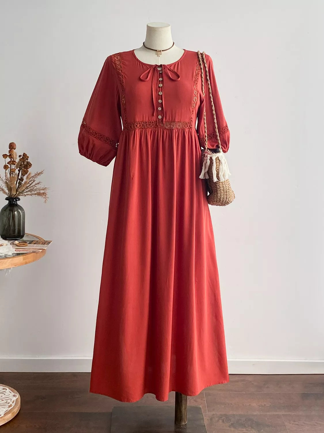 Plus Size Tie Neck Puff Sleeve Midi Dress with Lace Trim - Glamourous Grace