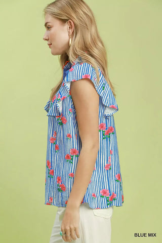 Umgee Striped Floral Ruffle Sleeve Top with Contrast Trim - Glamourous Grace