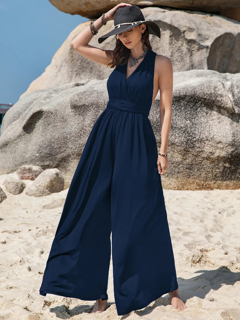Surplice Wide Leg Jumpsuit with Free Tie - Glamourous Grace