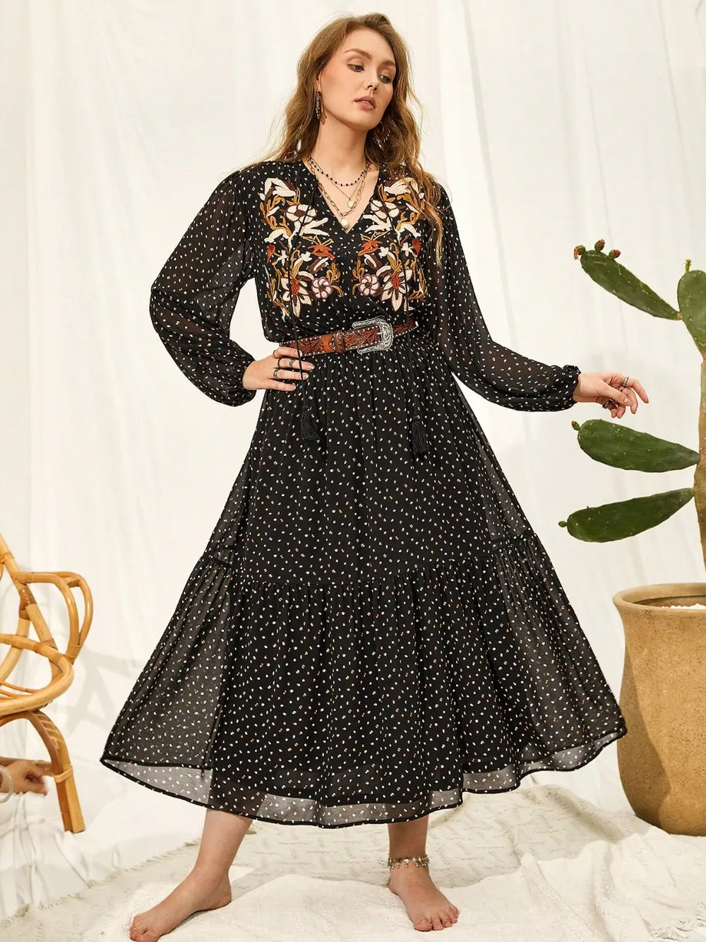 Plus Size Embroidered Tassel Balloon Sleeve Dress - Glamourous Grace