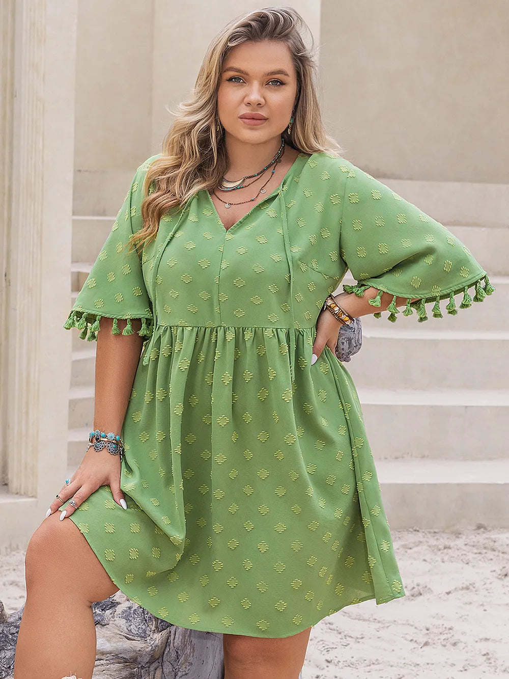 Plus Size Tied Tassel Half Sleeve Mini Dress - Glamourous Grace