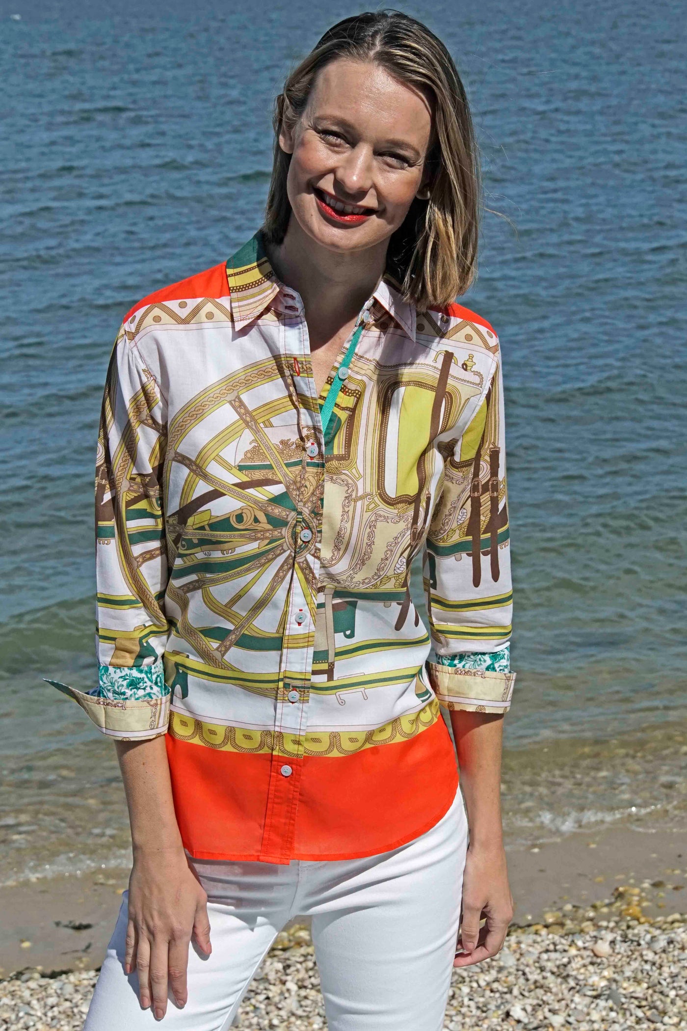 3/4 Sleeve Melon And Chartreuse Wagon Wheel Print - Glamourous Grace