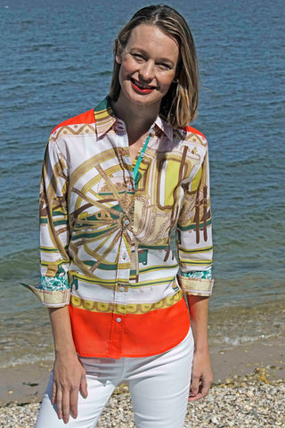 3/4 Sleeve Melon And Chartreuse Wagon Wheel Print - Glamourous Grace