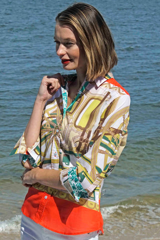 3/4 Sleeve Melon And Chartreuse Wagon Wheel Print - Glamourous Grace