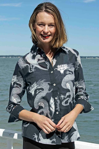 3/4 Sleeve Rome Shirt Black and White Dragons On Voile - Glamourous Grace