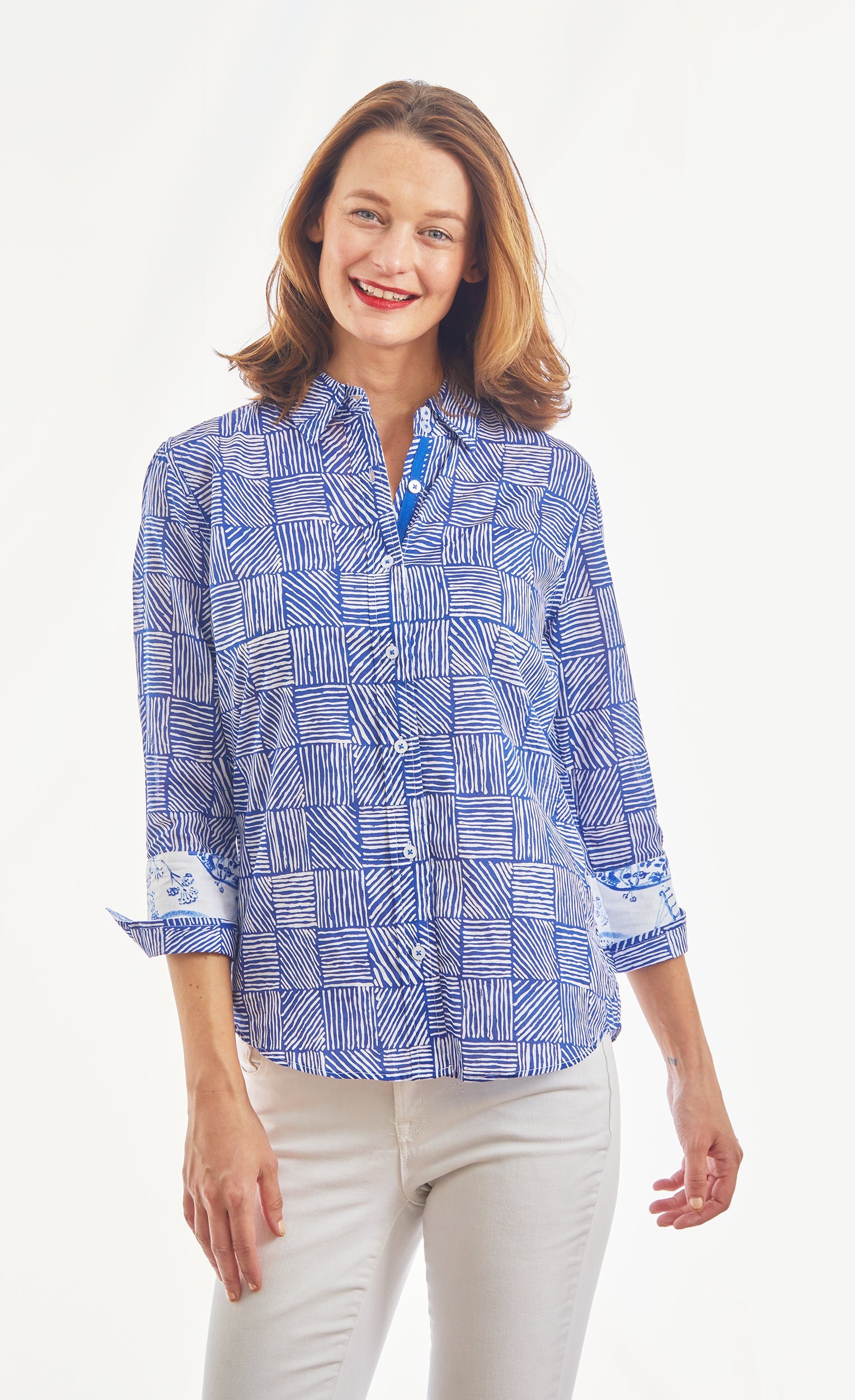 3/4 Sleeve Rome Navy White Criss Cross Boxes - Glamourous Grace