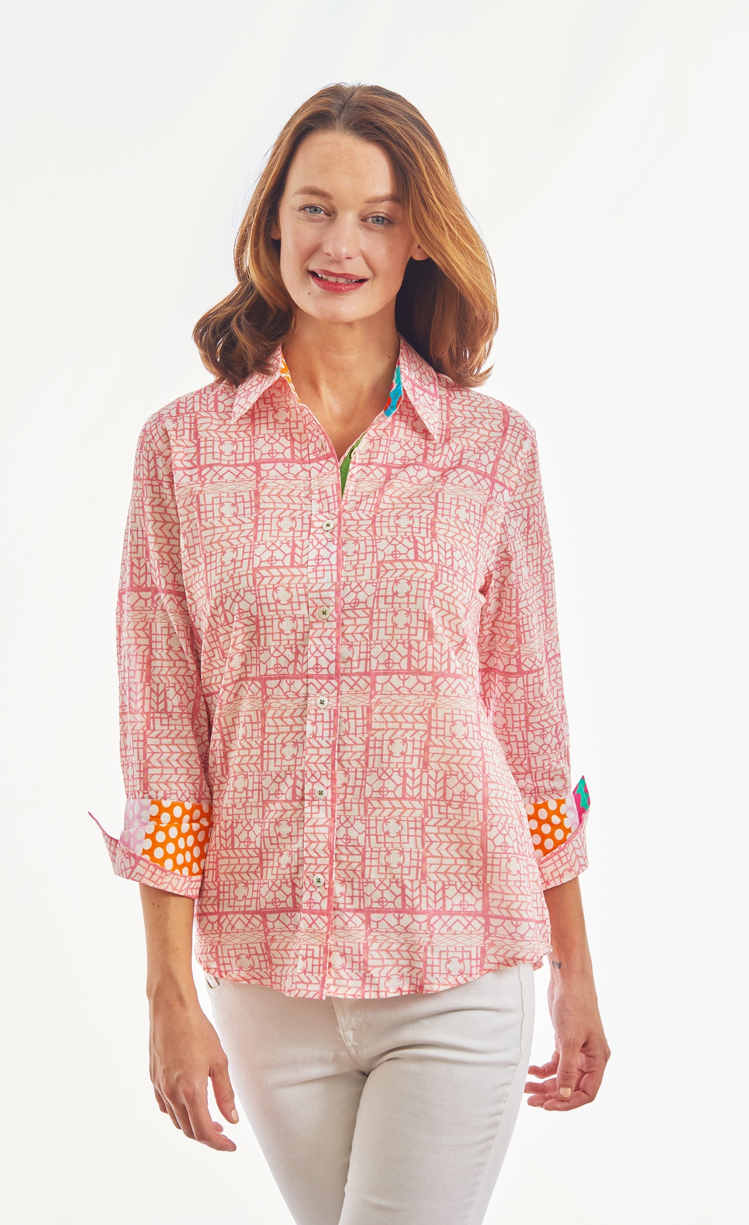 3/4 Sleeve Pink Tiny Geometric Print Voile - Glamourous Grace