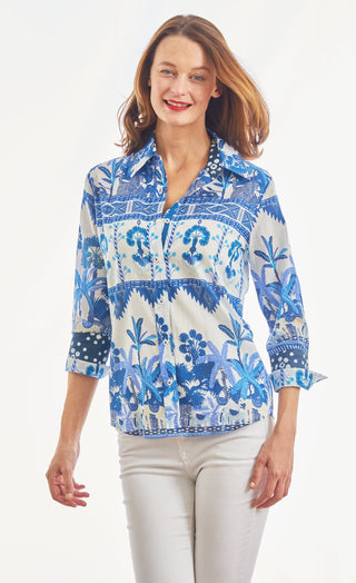 3/4 Sleeve Ikat With Elephant Print Blues And White - Glamourous Grace