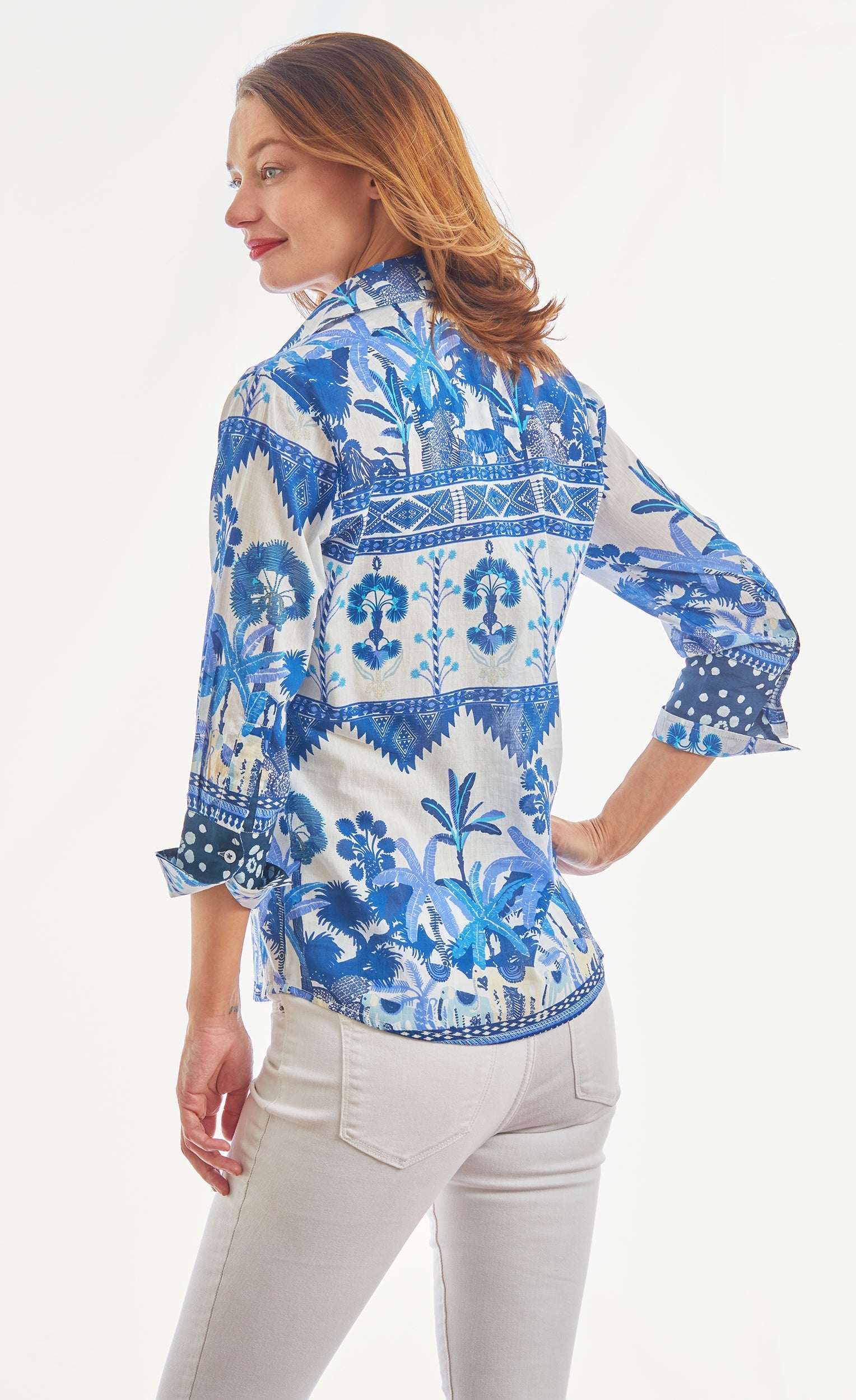 3/4 Sleeve Ikat With Elephant Print Blues And White - Glamourous Grace