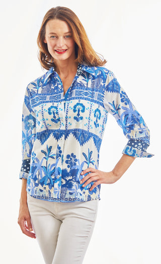 3/4 Sleeve Ikat With Elephant Print Blues And White - Glamourous Grace