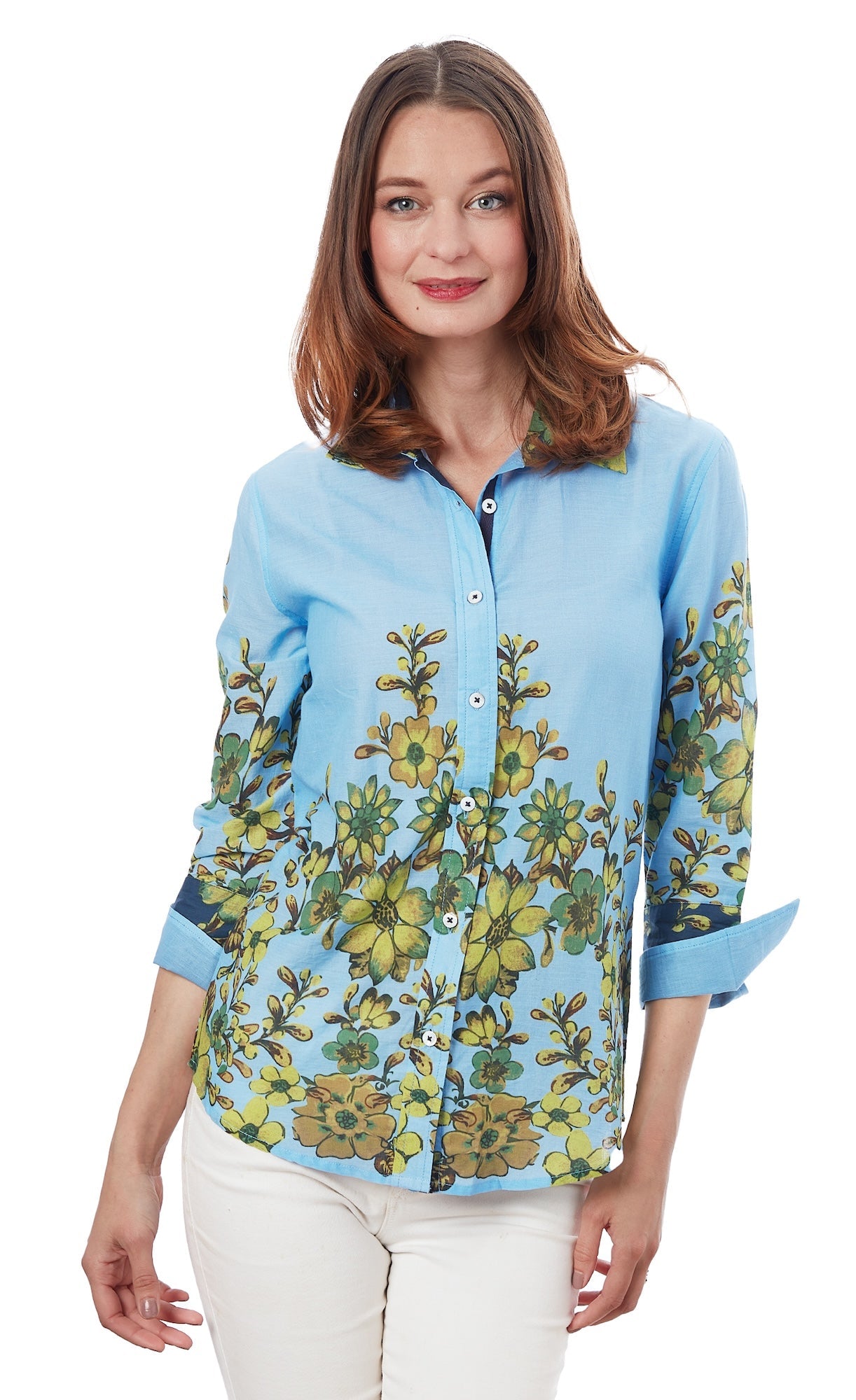 3/4 Sleeve Rome Shirt Light Blue And Leaves - Glamourous Grace