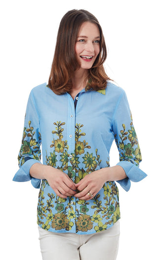 3/4 Sleeve Rome Shirt Light Blue And Leaves - Glamourous Grace