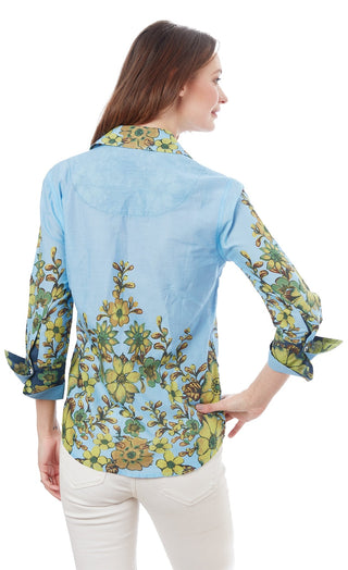 3/4 Sleeve Rome Shirt Light Blue And Leaves - Glamourous Grace