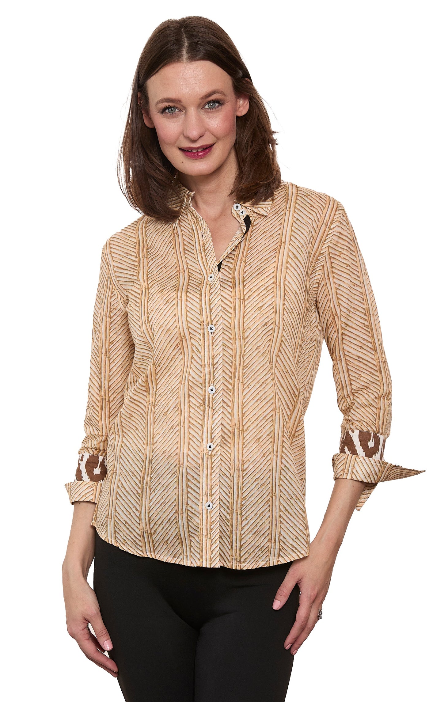 3/4 Sleeve Rome Shirt Khaki White Voile Wicker Print - Glamourous Grace