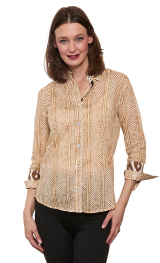 3/4 Sleeve Rome Shirt Khaki White Voile Wicker Print - Glamourous Grace