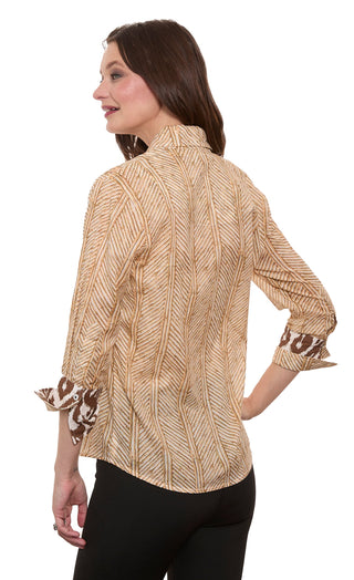 3/4 Sleeve Rome Shirt Khaki White Voile Wicker Print - Glamourous Grace