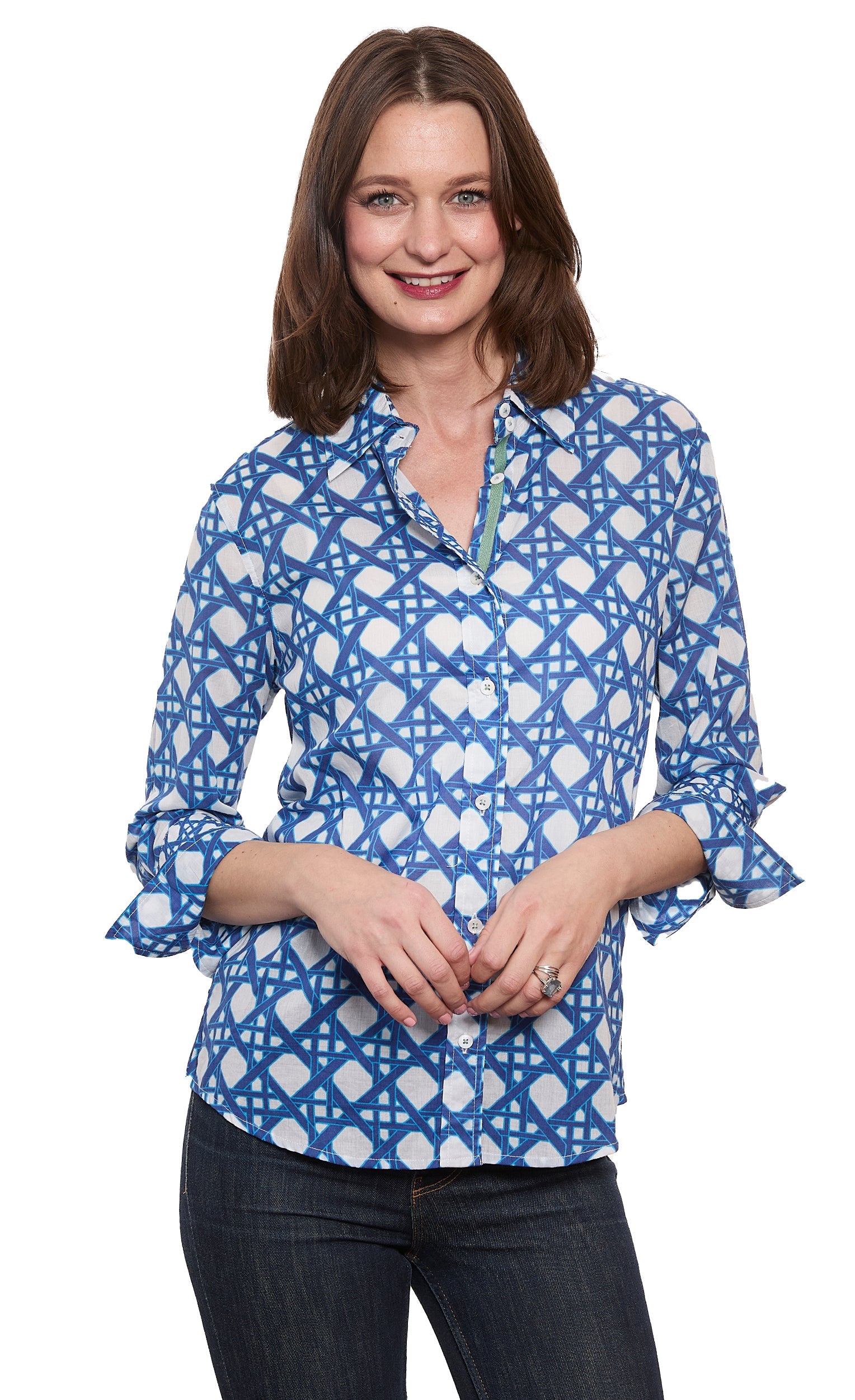 3/4 Sleeve Rome Shirt Navy White Voile Wicker Print - Glamourous Grace