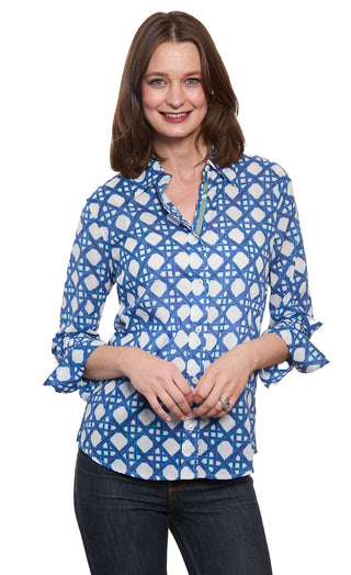 3/4 Sleeve Rome Shirt Navy White Voile Wicker Print - Glamourous Grace