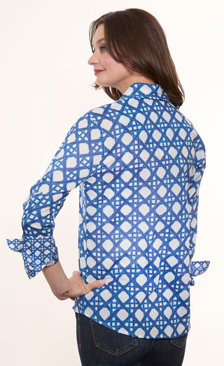 3/4 Sleeve Rome Shirt Navy White Voile Wicker Print - Glamourous Grace