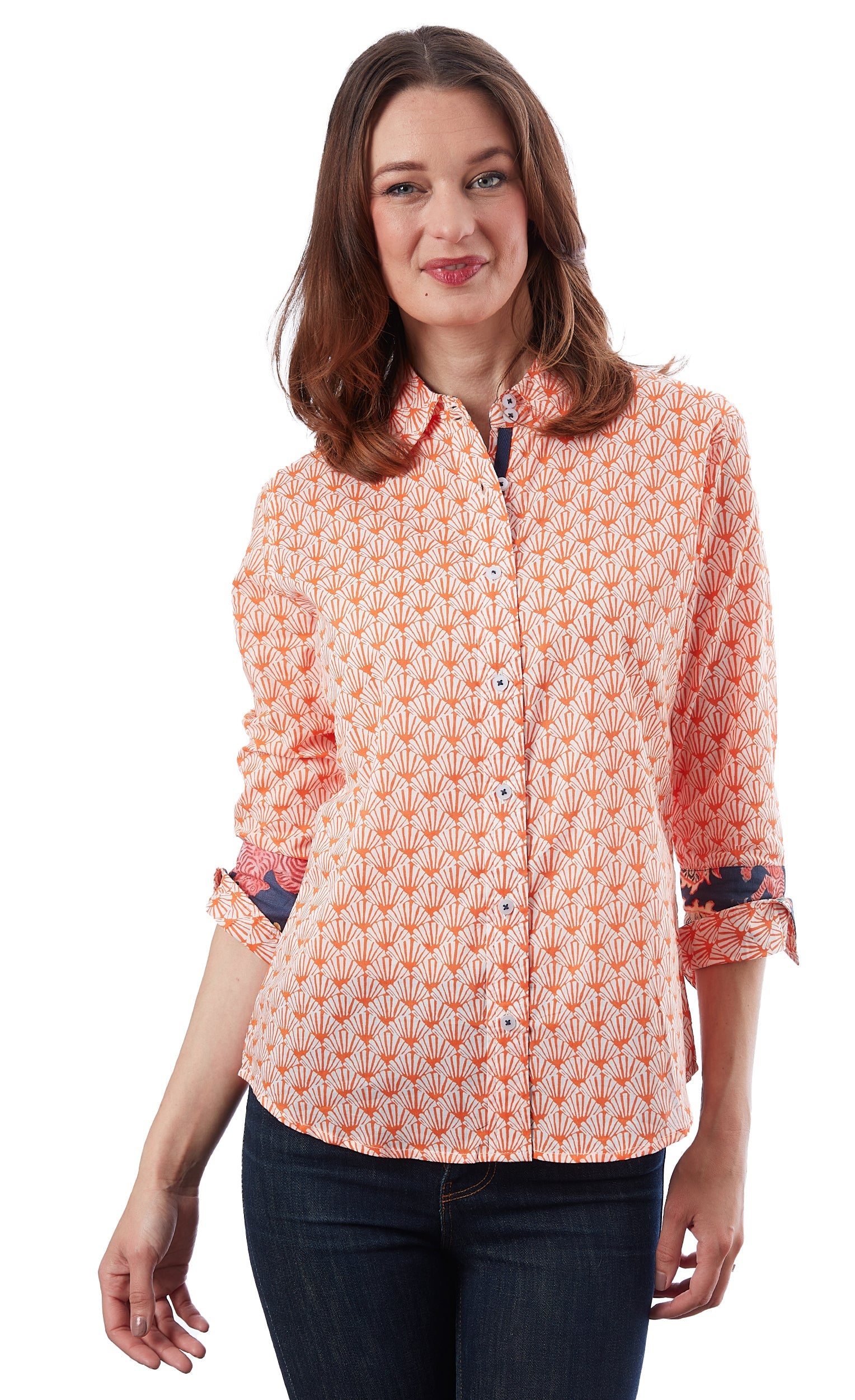 3/4 Sleeve Rome Shirt Orange White Fan Print - Glamourous Grace