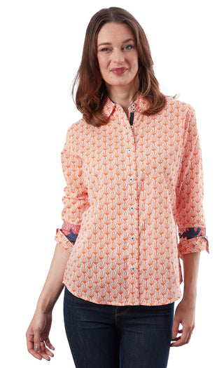 3/4 Sleeve Rome Shirt Orange White Fan Print - Glamourous Grace