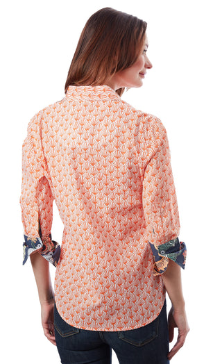 3/4 Sleeve Rome Shirt Orange White Fan Print - Glamourous Grace