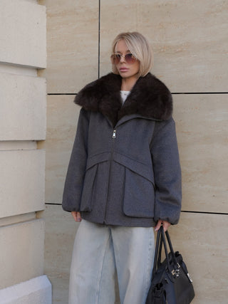 Rimini Genuine Fur Trim Wool Blend Parka in Graphite