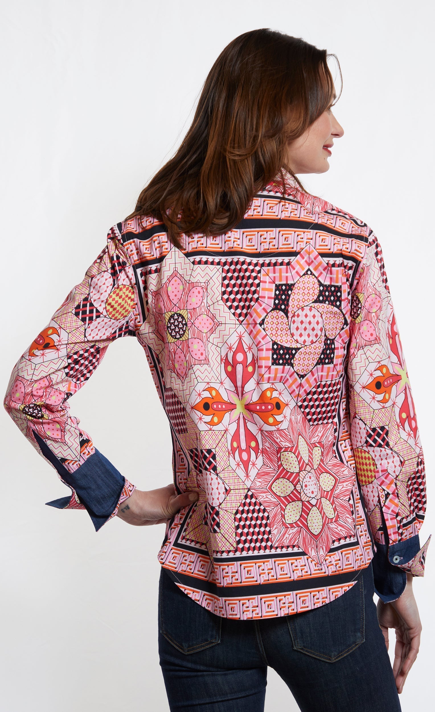 Rome Shirt Pink Black Maze Print - Glamourous Grace