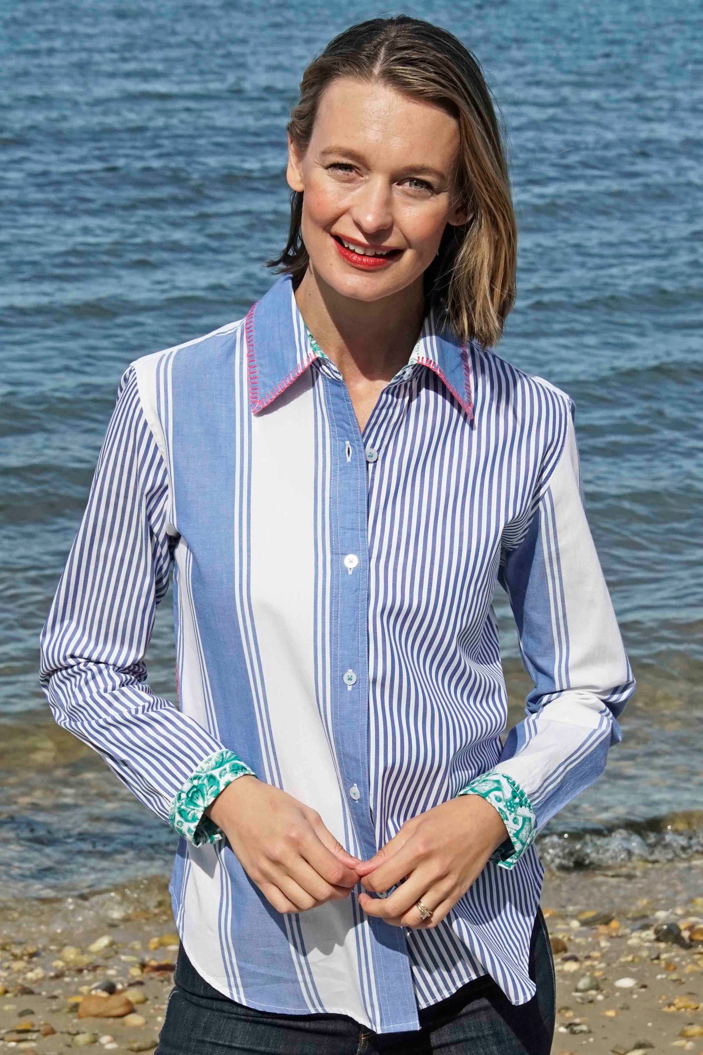 Madison Top Stripes And Flowers W Whipstitch At Collar - Glamourous Grace