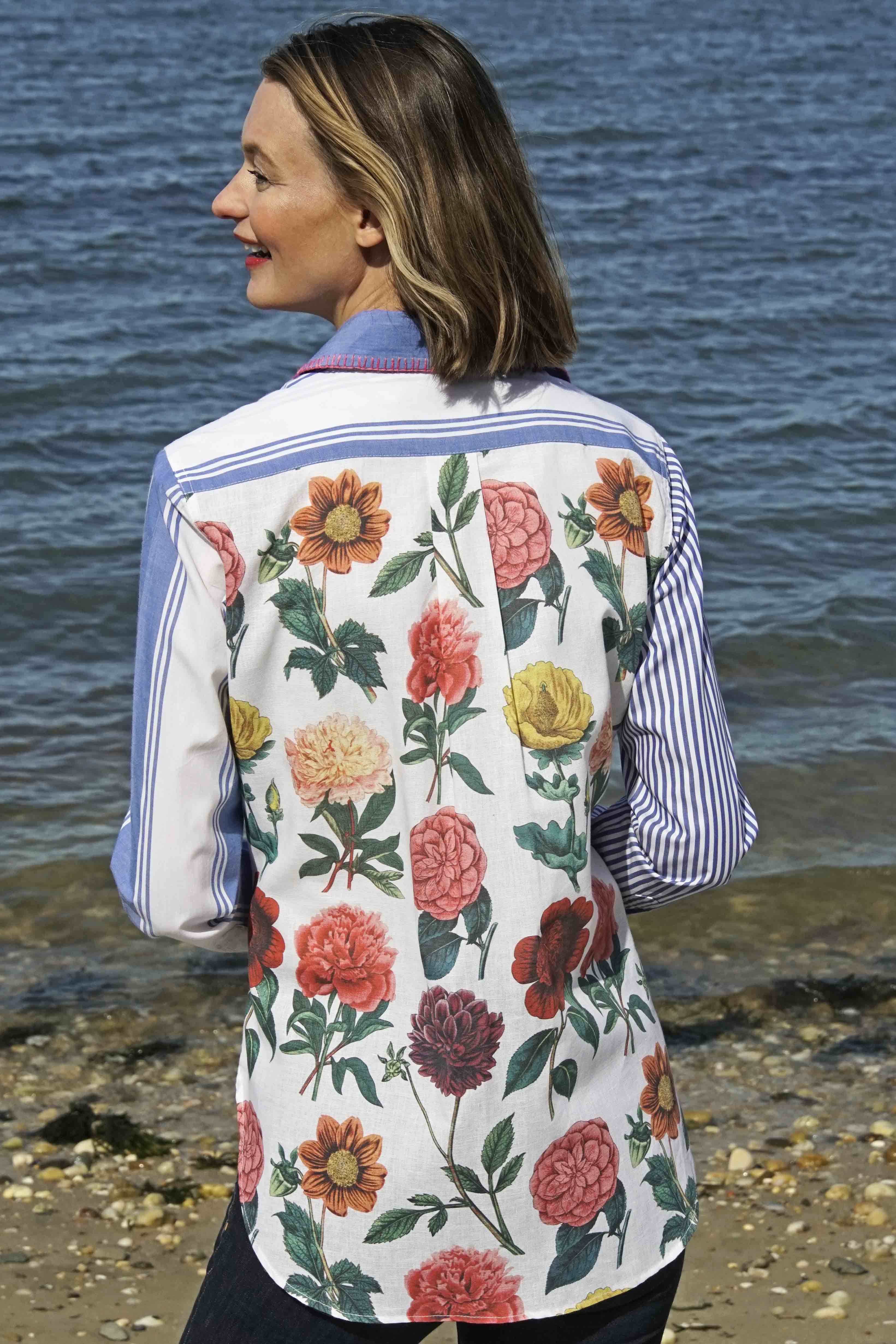 Madison Top Stripes And Flowers W Whipstitch At Collar - Glamourous Grace