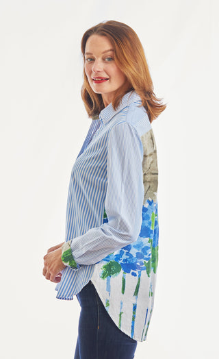 Chesapeake Top, Blue White Stripe With Motif On Back Of Picket Fence And Hydrangeas - Glamourous Grace