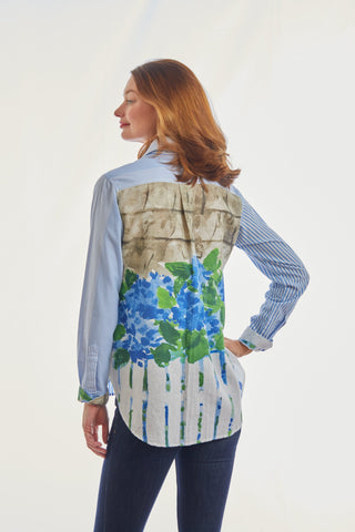 Chesapeake Top, Blue White Stripe With Motif On Back Of Picket Fence And Hydrangeas - Glamourous Grace