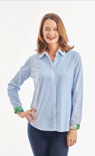 Chesapeake Top, Blue White Stripe With Motif On Back Of Picket Fence And Hydrangeas - Glamourous Grace