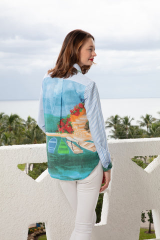 Chesapeake Top Blue White Stripes With Positano Scene On The Back - Glamourous Grace