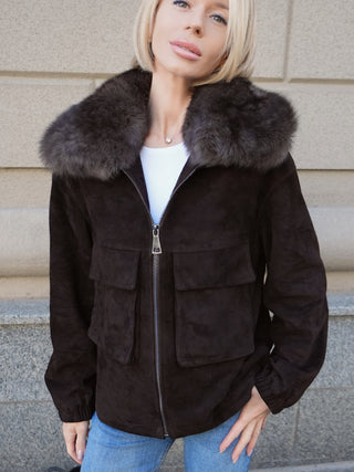 Nebraska Genuine Suede Polar Fox Trim Jacket in Cognac