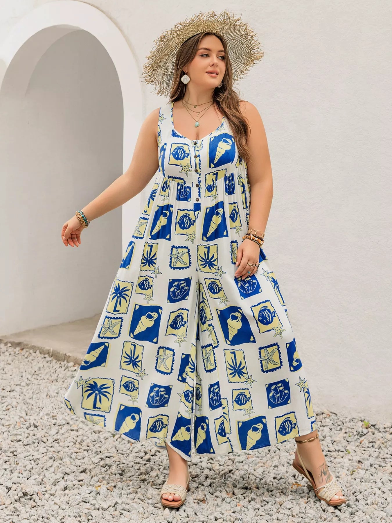 Plus Size Nautical Print Sleeveless Jumpsuit - Glamourous Grace