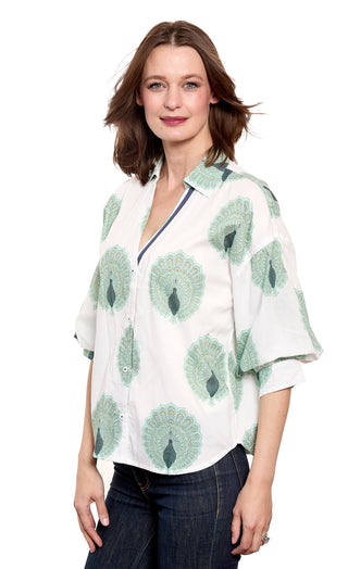 Milano Puff Sleeve Top Peacock Print Cotton Voile Ivory and Soft Green - Glamourous Grace