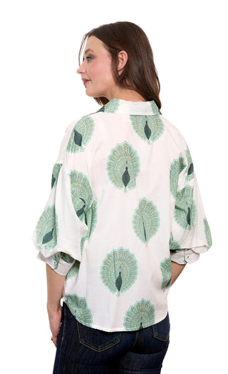 Milano Puff Sleeve Top Peacock Print Cotton Voile Ivory and Soft Green - Glamourous Grace