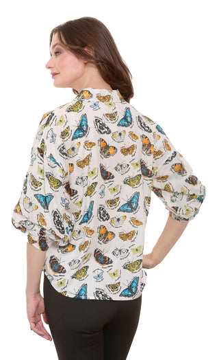 Milano Puff Sleeve Top Butterfly Print Cotton Voile Ivory Ground - Glamourous Grace