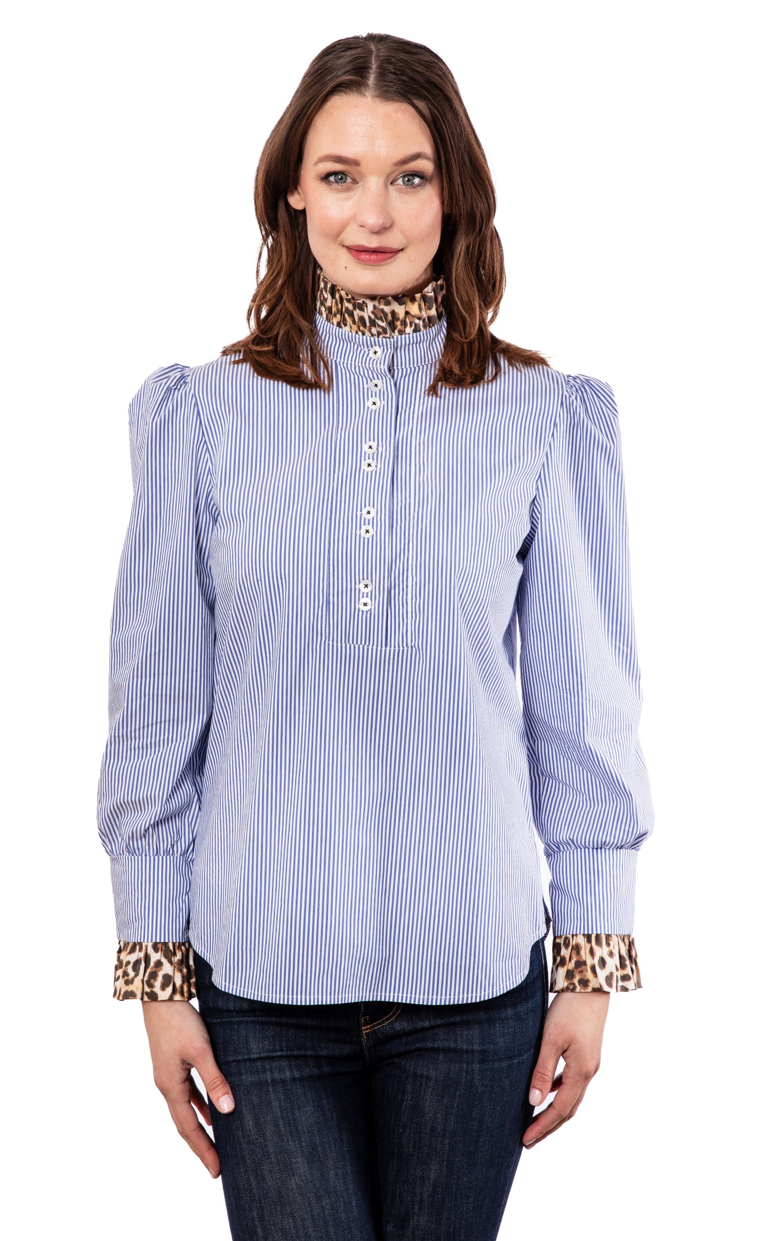 Blue Striped Puff Sleeve Top with Cheetah Collar and Cuff - Glamourous Grace