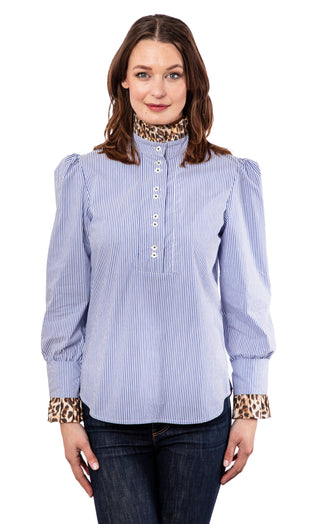 Blue Striped Puff Sleeve Top with Cheetah Collar and Cuff - Glamourous Grace