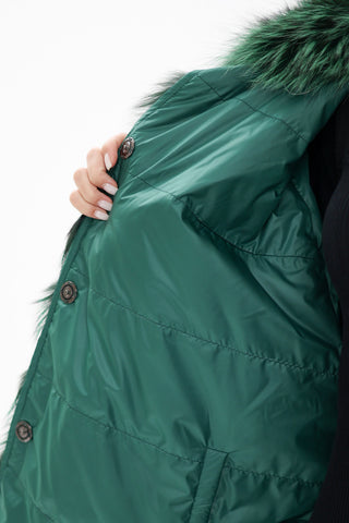 Reversible Genuine Silver Fox  Down Fill Coat in Emerald