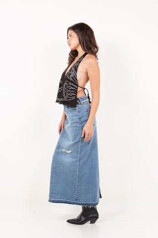 Livia Denim Maxi Skirt Frayed Waistband w/ Slit Detail